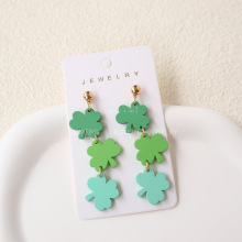 仿软陶圣帕特里克节亚克力耳环烤漆三叶草长款绿色渐变耳饰耳坠女