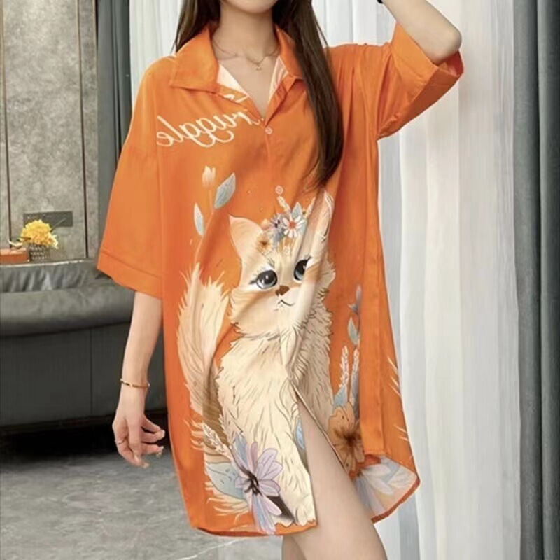 Tiktok same style pajamas Ice Silk thin short sleeve sexy nightdress women's silk boyfriend style over the knee long homewear