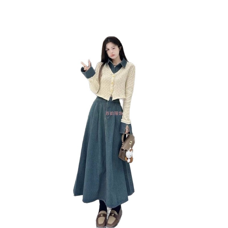针织拼接假两件牛仔两件套上衣女装秋冬季新款a字半身裙套装裙子|undefined
