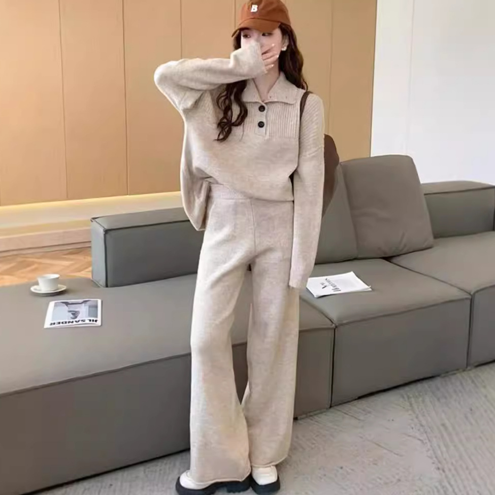 Herbst und Winter neuer Anzug lässiger Pullover Polokragen Strickpullover weite Beinhose zweiteiliges Set für Damen_voghion.com