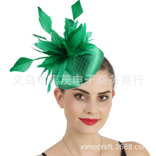 2025 new European and American exaggerated feather colored hat retro hair flower hair accessories hair clip horse racing party wholesale