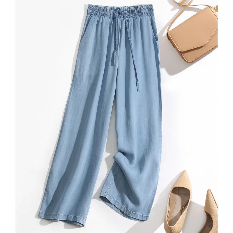 Real shot summer thin drape elastic high waist Tencel Denim wide leg pants women's cropped loose ice silk straight pants plus size