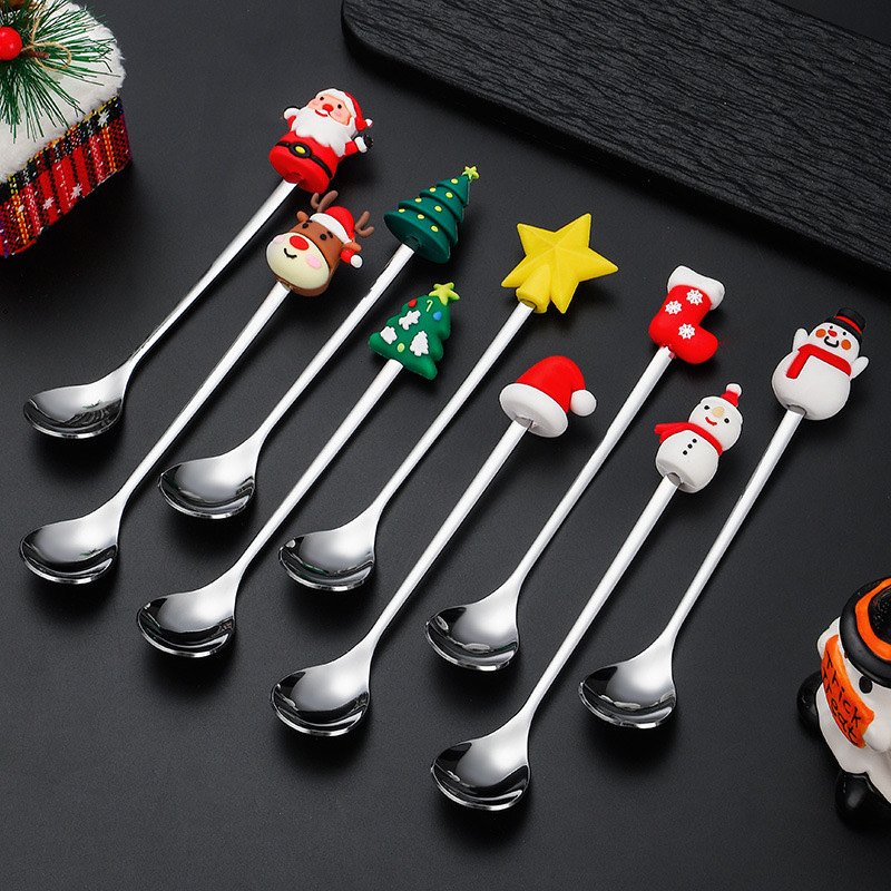 国境を越えたスプーンフォークセットクリスマス雰囲気感食器金色コーヒースプーン甘いスプーンステンレス人形クリスマス|undefined