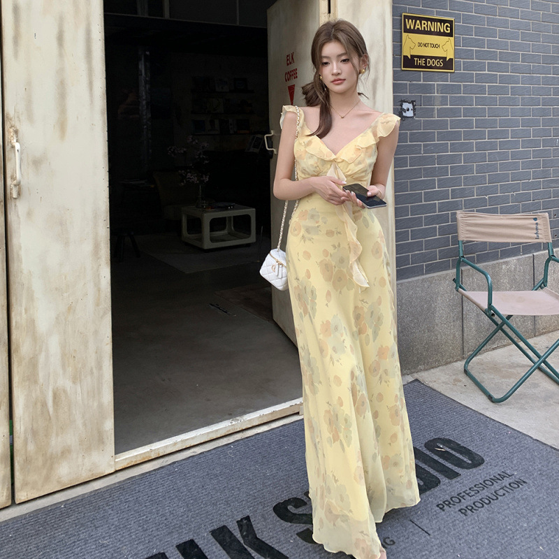 Real Shot of 2025 Spring and Summer New Midsummer Garden Cream Yellow French Ruffle Rotating Fairy Dress Women's Long Skirt