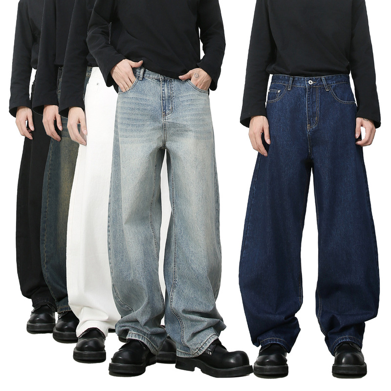 Nirben Cowboy | American Retro Silhouette Washed Scimitar Jeans Men's Trendy Loose Straight Wide-Leg Pants
