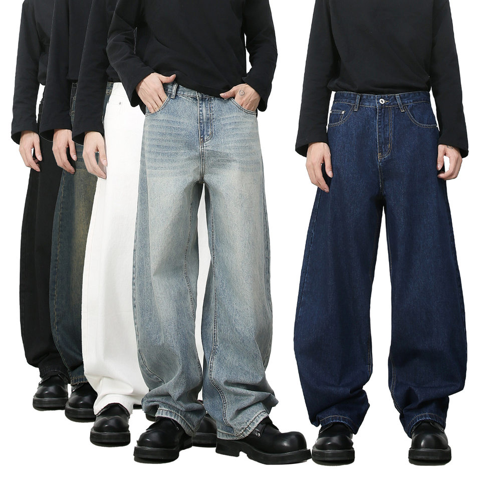Quần jean nam ống rộng dáng suông cạp vừa phong cách đường phố — Denim đen, Làm cũ, Màu trắng, Màu xanh lam