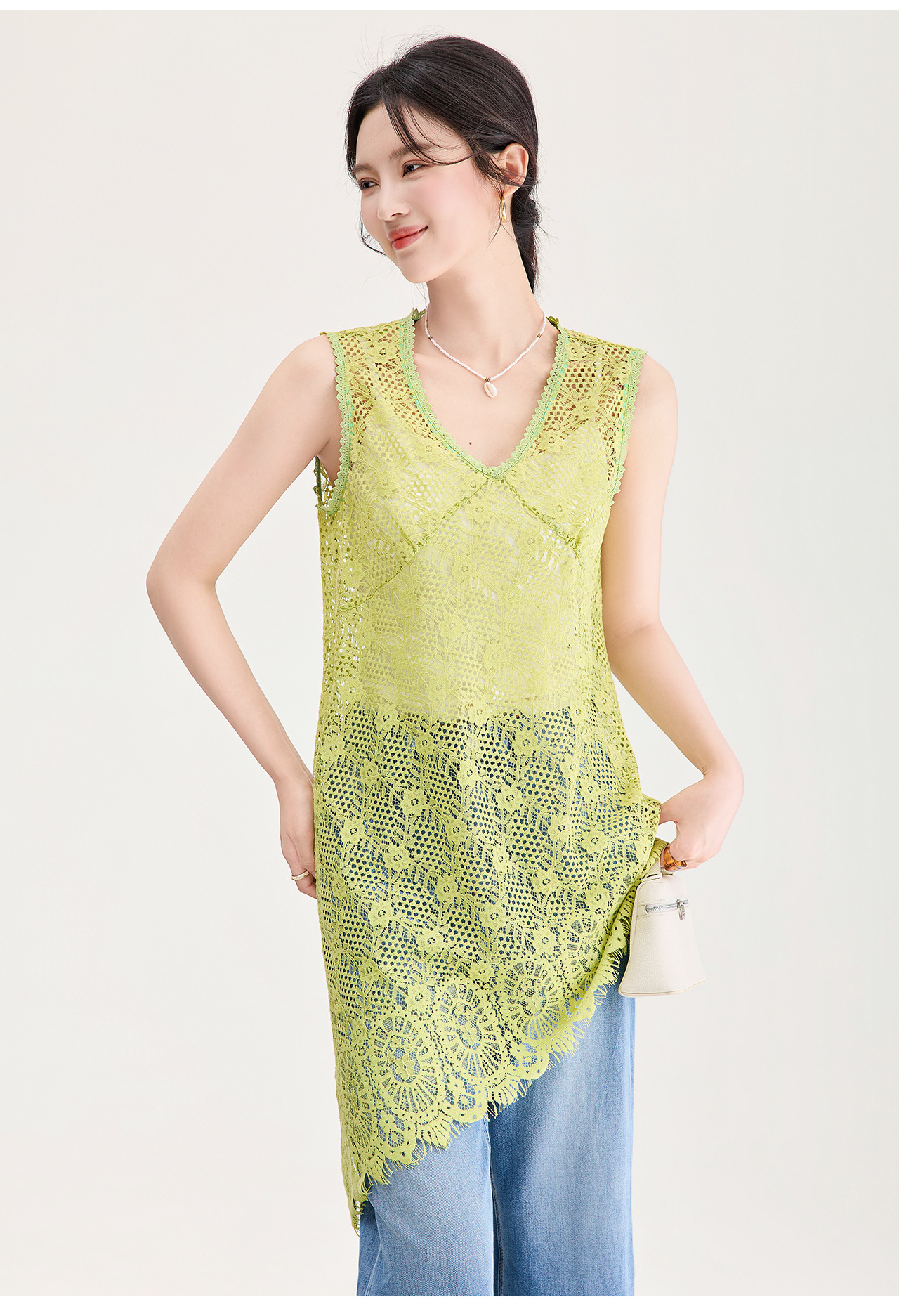 Áo hai dây ren nữ dáng rộng không tay, thiết kế họa tiết rỗng thoáng mát — màu trắng chi tiết 12