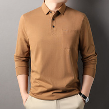 品牌男士高端长袖T恤polo衫中年商务薄款纯棉真口袋秋装免烫上衣