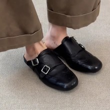 羊皮版~一脚蹬双排扣真皮黑色包头鞋女复古百搭方头布洛克半拖鞋