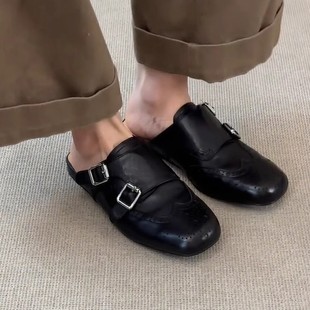 Sheepskin version ~ one pedal double-breasted genuine leather black wrap-up shoes women's retro versatile square brogue half slippers