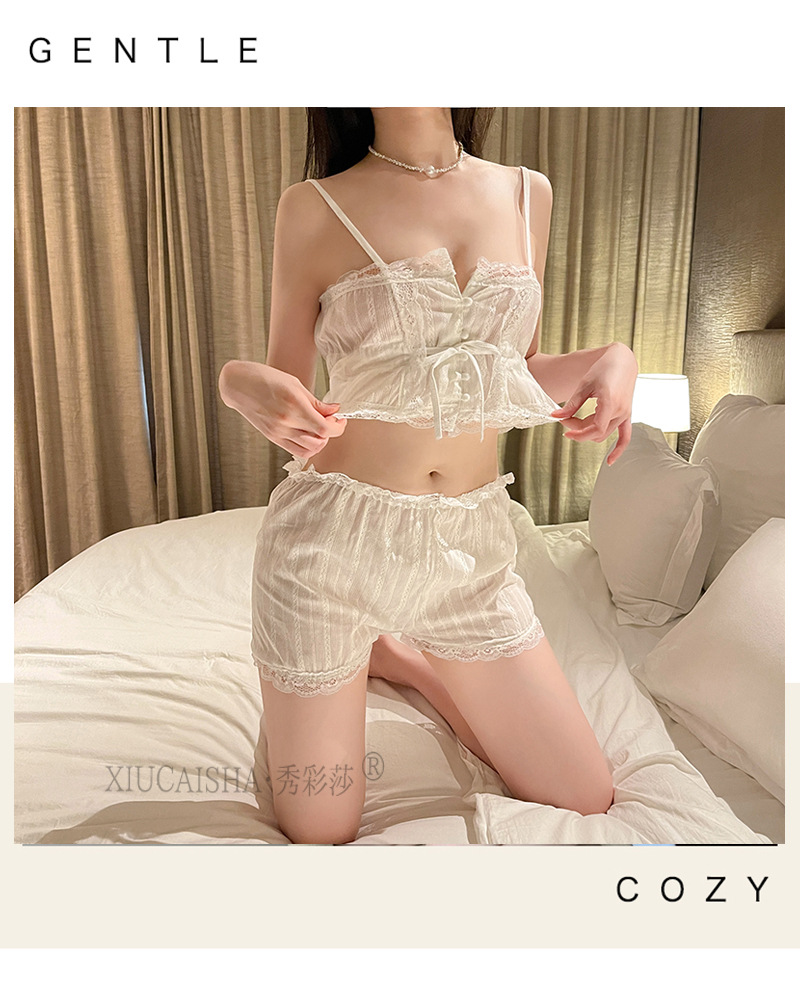 Sexy Lace Camisole Pajama Set for Women, Thin Polyester Babydoll, White One Size — detail image 14