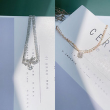頸鏈鎖骨鏈項鏈簡約設計淡水珍珠閃亮高級淑女蝴蝶結珍珠韓版雙鏈