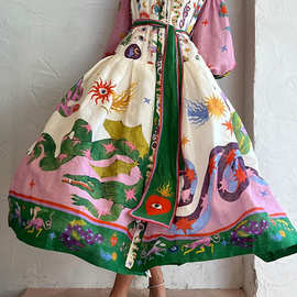 外贸独立站新款复古法式宫廷风百褶超大摆印花长袖宽松连衣裙