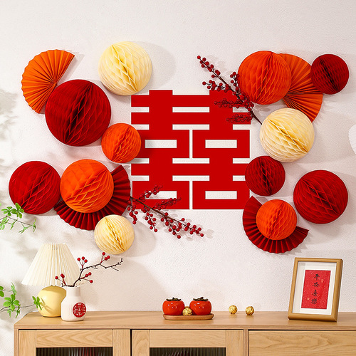 Wedding room layout set, wedding living room, bedroom background wall, honeycomb ball lantern, wedding word 