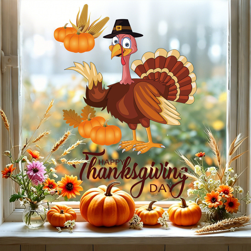 Wholesale Amazon Thanksgiving Turkey Window Stickers Harvest Festival Autumn Family Party Scene Decoration Glass Static Stickers