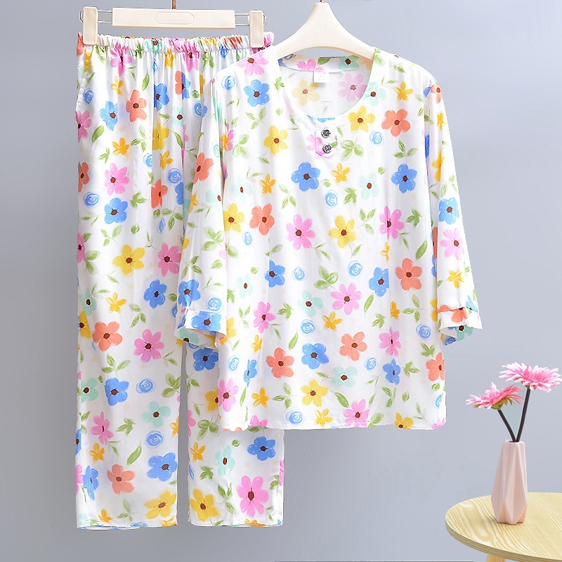 女性用綿シルクパジャマ、夏用薄手、中高年ママ、ゆったり綿シルクホーム服、七分袖お出かけスーツ|undefined