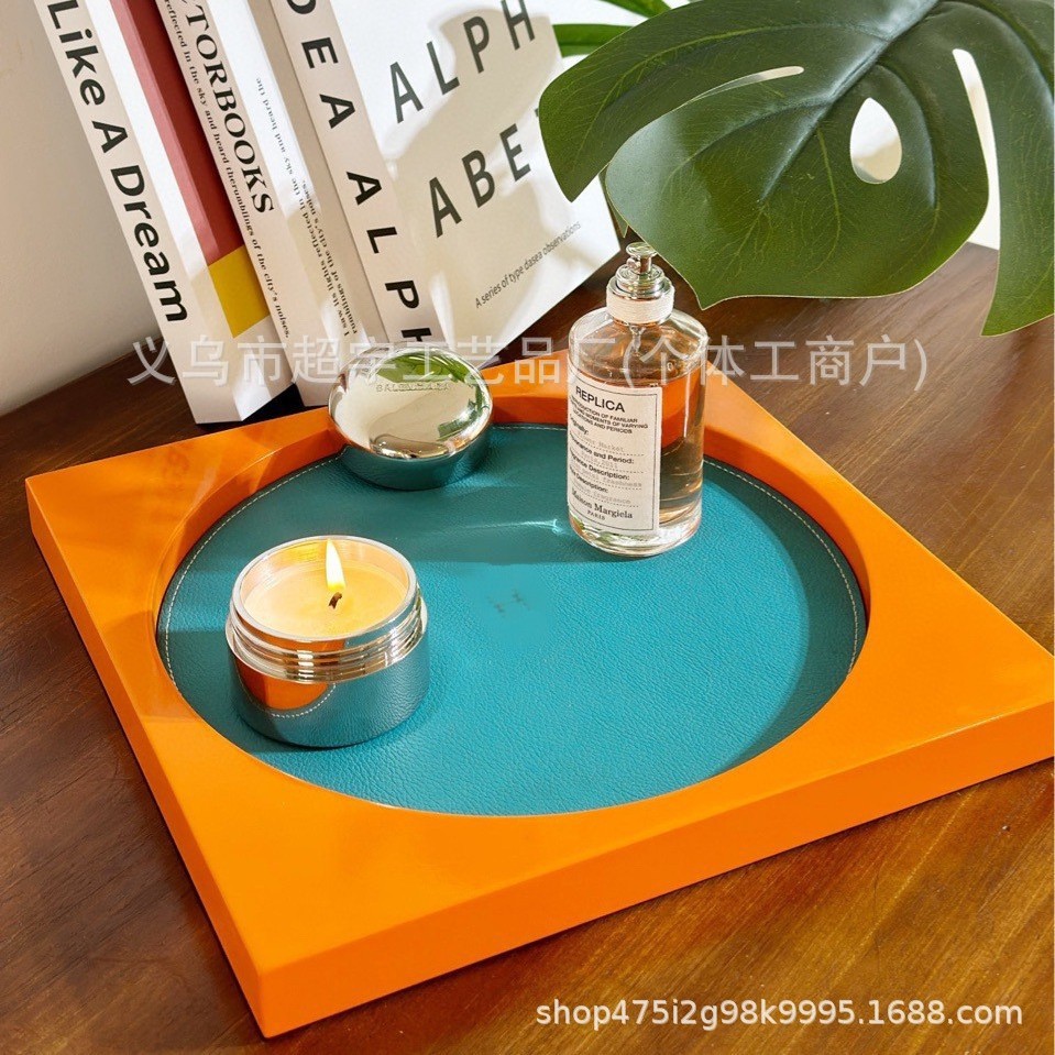 新款H手工漆木置物盘餐盘收纳展示盘小牛皮哑光丝绒防滑底简约