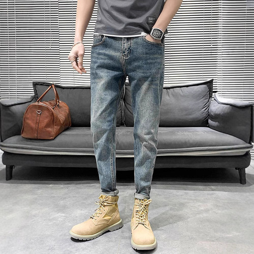 Spring and Autumn Men's Tapered Slim-Fit Jeans 2024 New In-Season Casual Streetwear Pimp Style Trendy Pants for Men