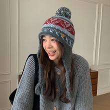 秋冬新款提花毛球针织护耳帽女保暖防寒费尔岛毛线帽防风雷锋帽子
