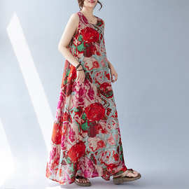 2025实拍新款波西米亚长裙夏季新款加肥加大无袖圆领印花连衣裙