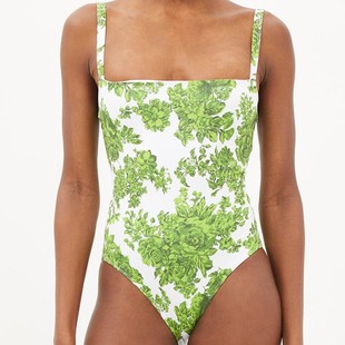 2025 New European and American Export Amazon Fresh Green Floral One-Piece Swimsuit Pastoral Style Suspender Bikini for Women