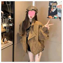 美拉德仿麂皮绒机车服外套女秋季休闲宽松翻领廓形工装夹克上衣