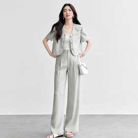 2025夏季新款气质通勤轻熟风短袖套装女两件套直筒裤小个子女薄款