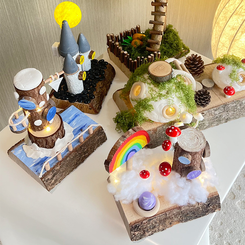 Área de jardín de infantes esquina carpintería diy paquete de materiales hechos a mano conjunto completo de juguetes de madera pequeños adornos de cabaña