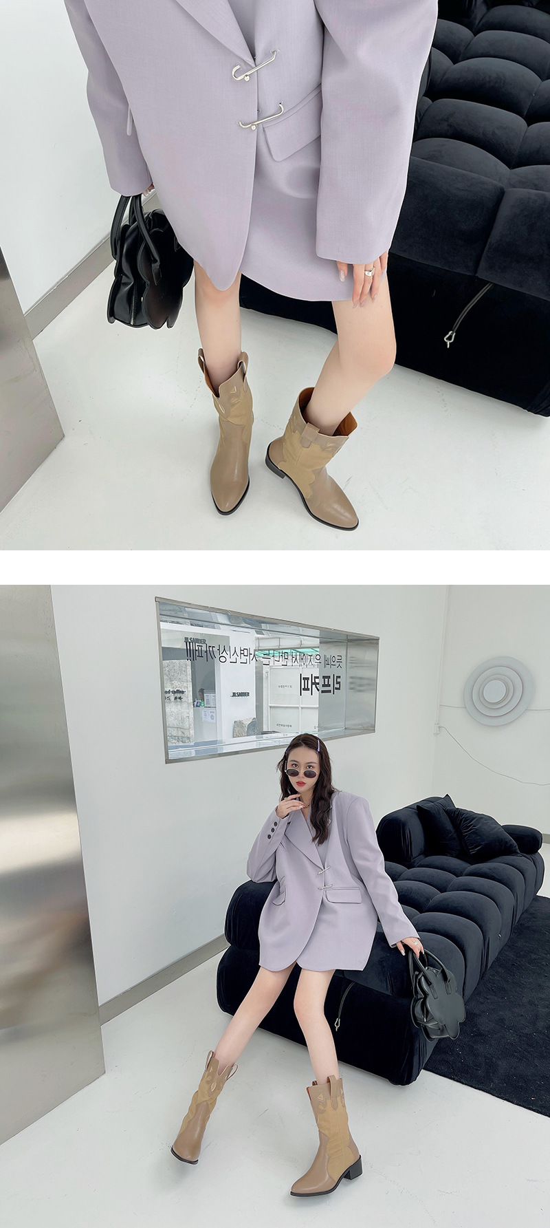 2024 Fashion Pointed Korean Edition Temperament Splicing Simple and Versatile Sleeve Thick Heel Short Boots for Women_voghion.com