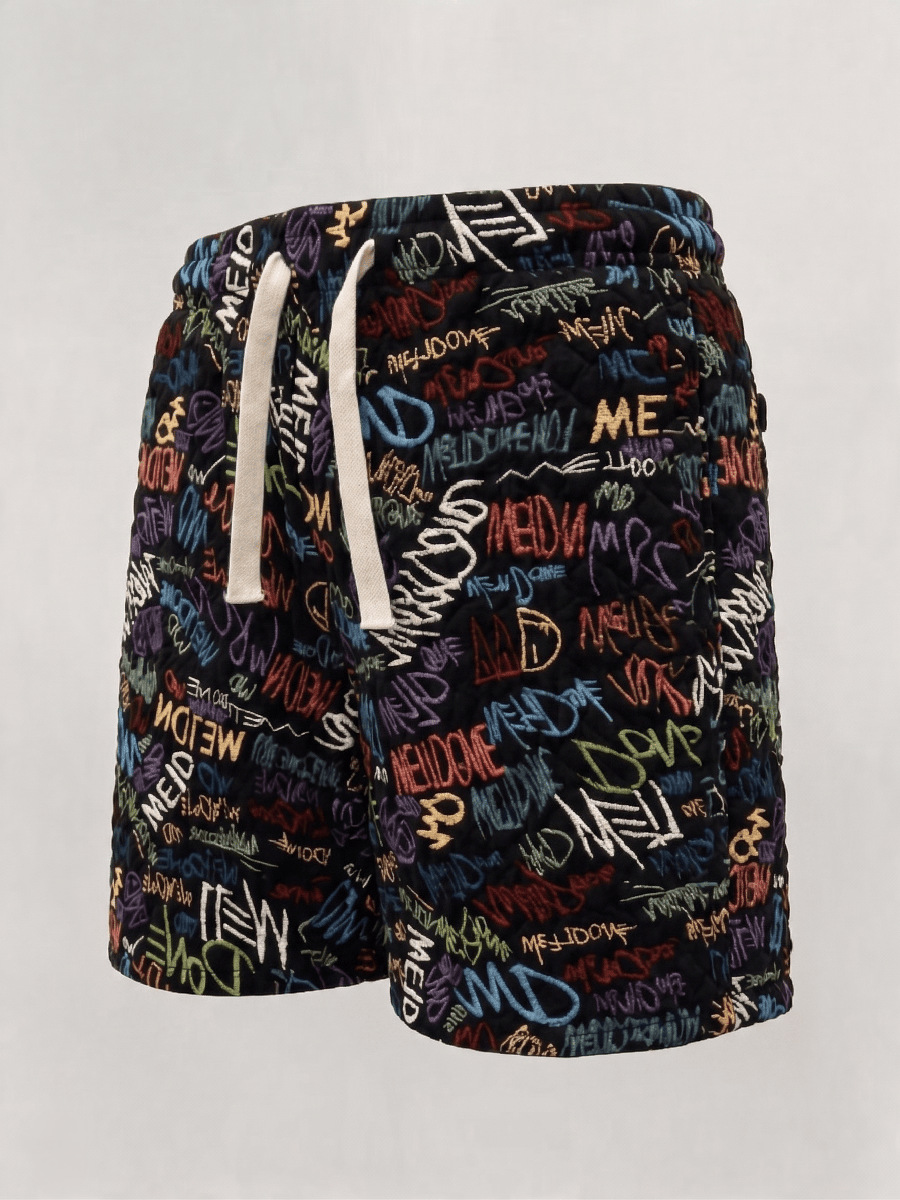 Retro Full Print Graffiti Lettering Men's Summer Shorts, High Street Loose Fit Straight Leg 5-Point Shorts_viptrois.com
