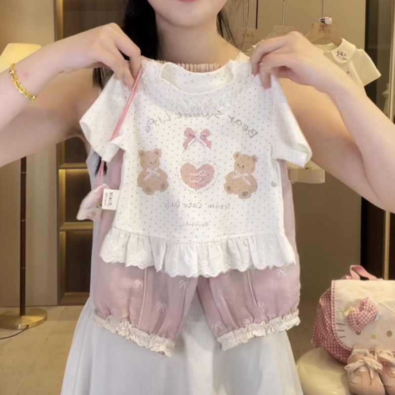 Korean Children's Clothing Summer Baby Girl Suit 2025 New Style Girls T-Shirt Anti-Mosquito Pants Two-Piece Set for Small and Medium-Sized Children
