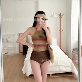 新款复古绑带挂脖针织肚兜款露背性感晕染条纹分体沙滩度假bikini