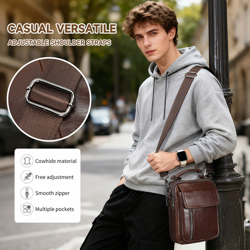 Túi đeo chéo nam da thật phong cách casual kiểu nắp gập, dáng vuông nhỏ tiện lợi — Đen, Nâu, 18*9*24cm