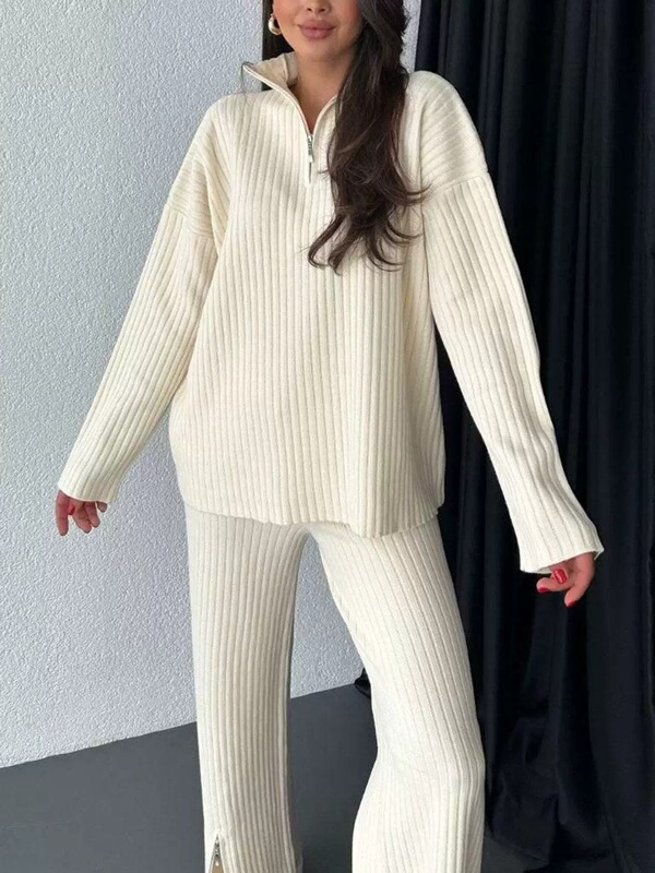 2025新款欧美秋季纯色套装高领坑条拉链针织家居服两件套跨境女装|undefined