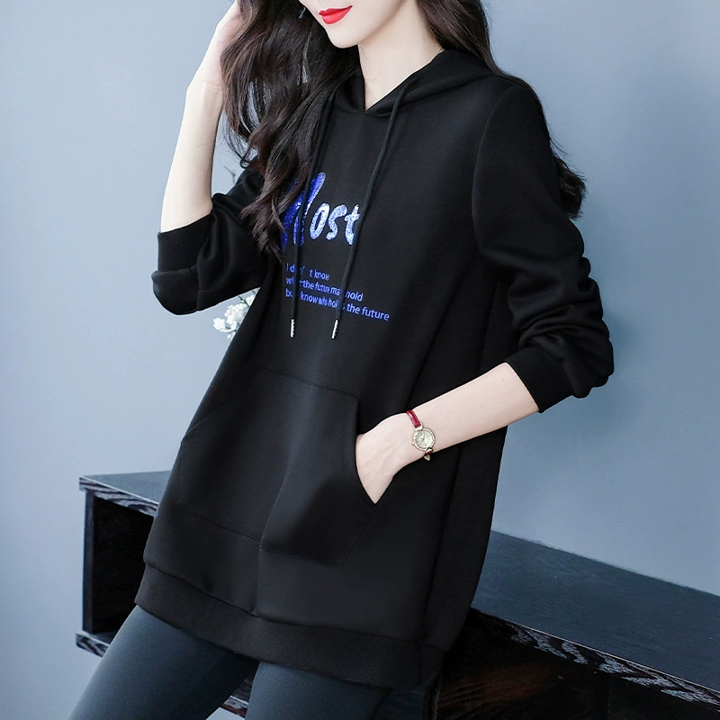 Большой размер женская свободная пуловера с капюшоном толстая мама толстая мама толстая, повседневная блестка буква пальто с длинными рукавами осенью
