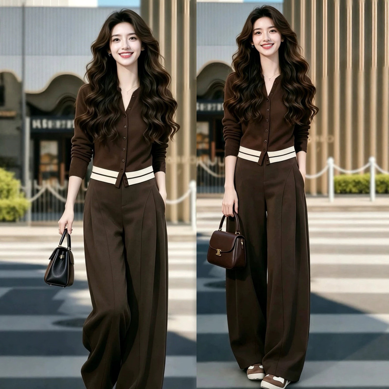 Designer brand of niche fabrics for fashion enthusiasts: Commuting long-sleeve knit top paired with stylish high-waisted pants set for autumn Designer brand of niche fabrics for fashion enthusiasts: Commuting long-sleeve knit top paired with stylish high-waisted pants set for autumn