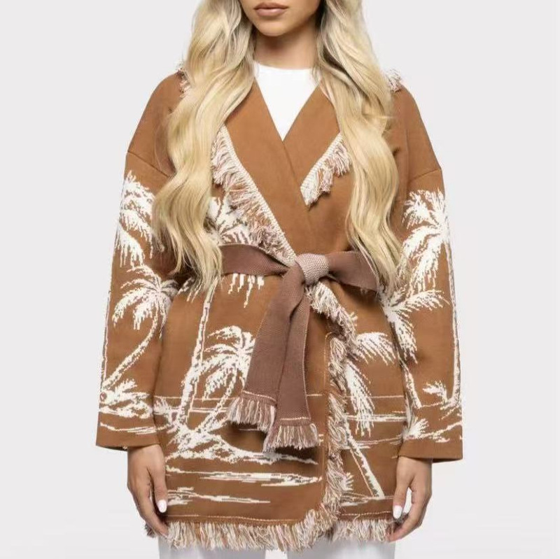 Cross-border island vacation style Boho fringed coconut tree jacquard collared tie-up loose mid-length cardigan sweater jacket