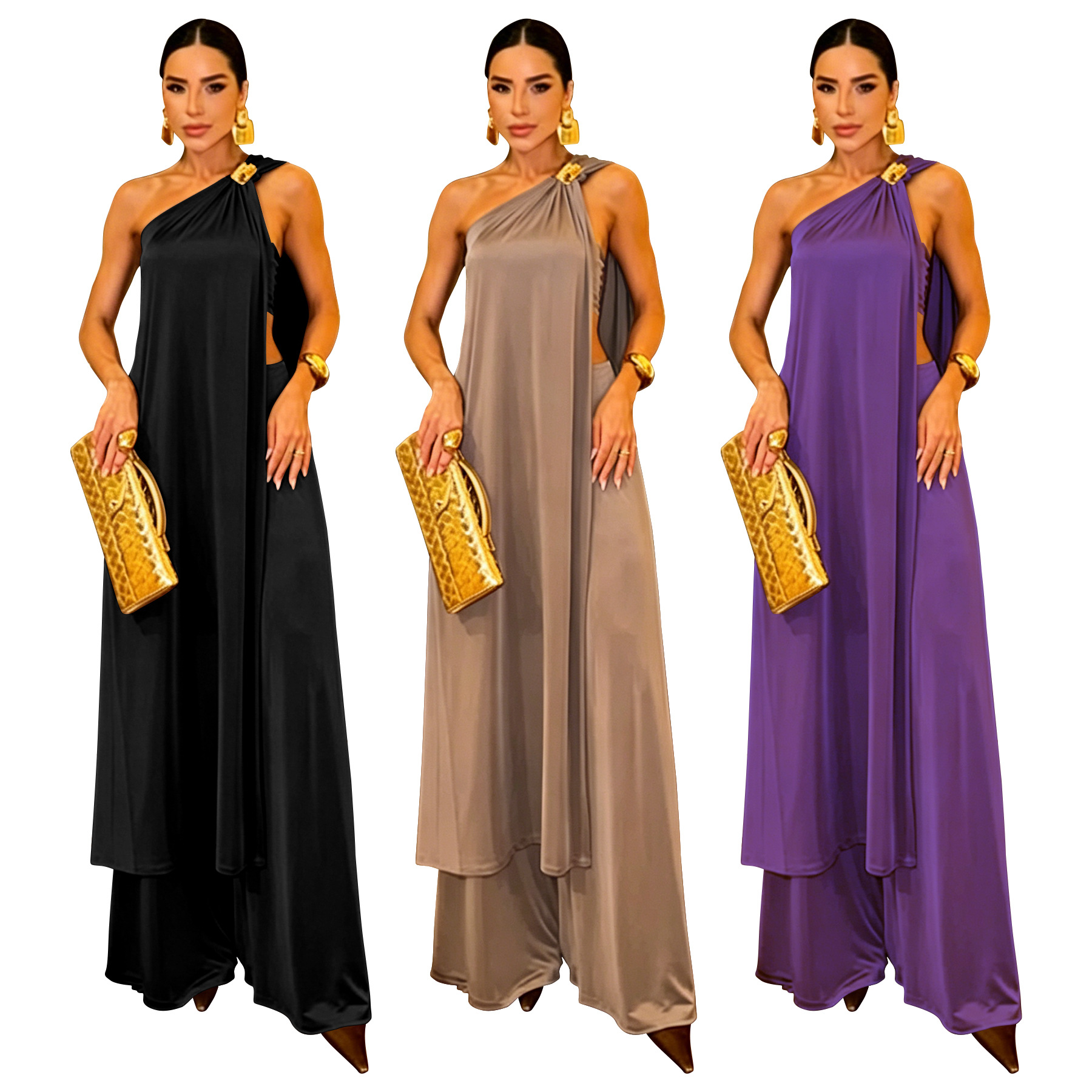 Summer Women's Long Loose Top And Solid Color Trousers Set American Fashion_ecoleips.com