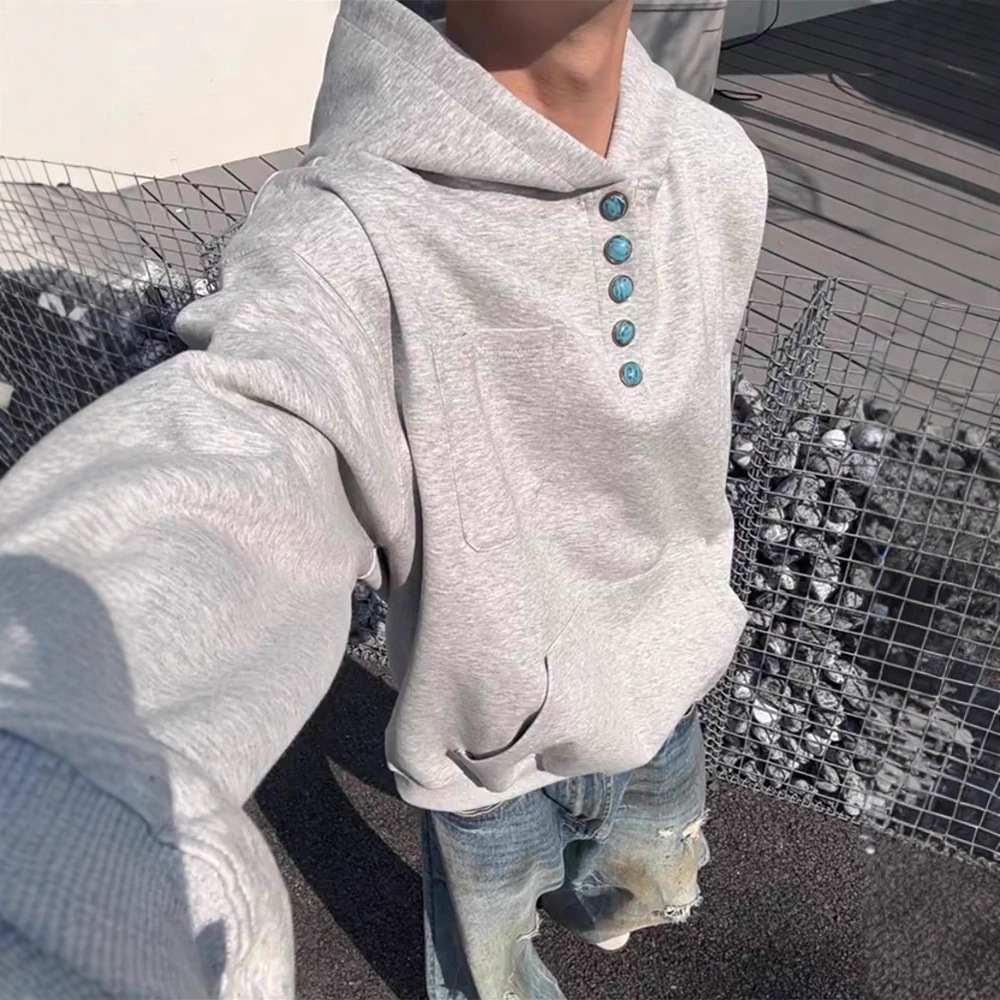 Retro Turquoise Hoodie For Men With Buttons And Hood_voghion.com