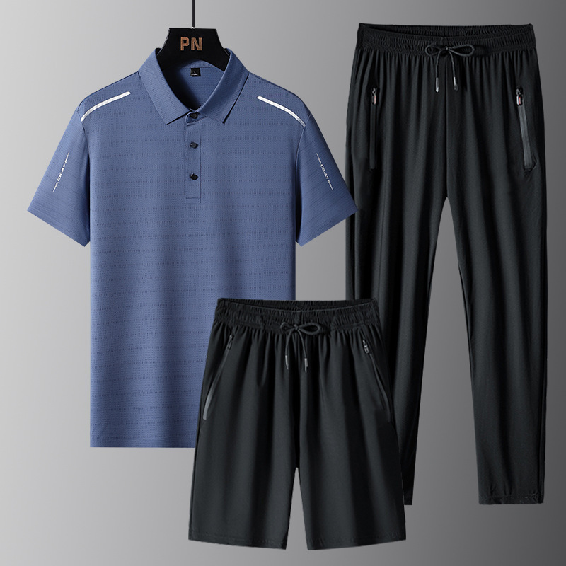 enfriamiento ventilación polo seda de hielo hombre manga corta camiseta de verano larga ropa casual de hombre tres piezas