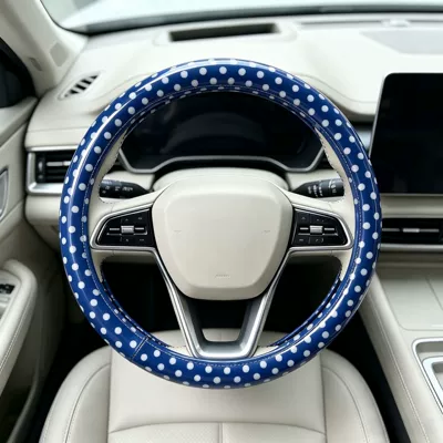 Dot Anti-Slip Wear-Resistant Retro – Steering wheel cover - pu-leather-blue-bottom-white-polka-dots-universal-style-38cm