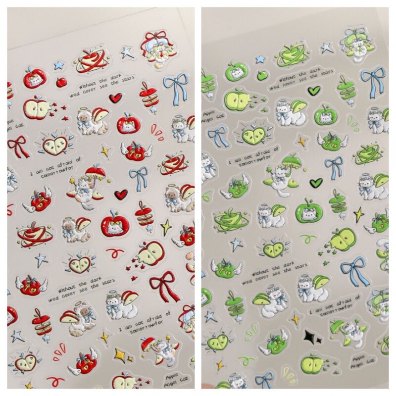New Cute Apple Cat Embossed Nail Art Sticker 5D Stereo Green Apple Red Apple DIY Pen Holder Ccd Nail