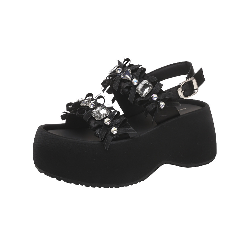 Sandal nữ đế bánh xốp đính đá phối váy thời trang mùa hè 2025 — Màu đen, Màu xám bạc
