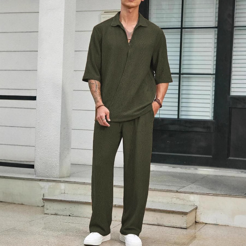 2024 European and American Amazon New Commuter suit Casual Shirt Solid Color Short Sleeve Pants Men's Two Casual Men