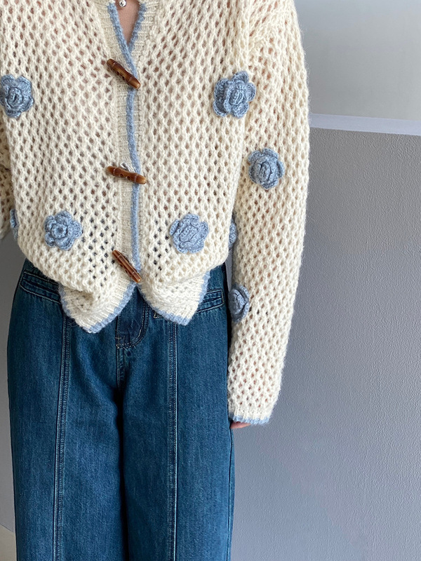 Contains Wool Stereo Flower Round Neck Horn Button Sweater Cardigan Women's Autumn Fluffy Short Knitted Top Ux20