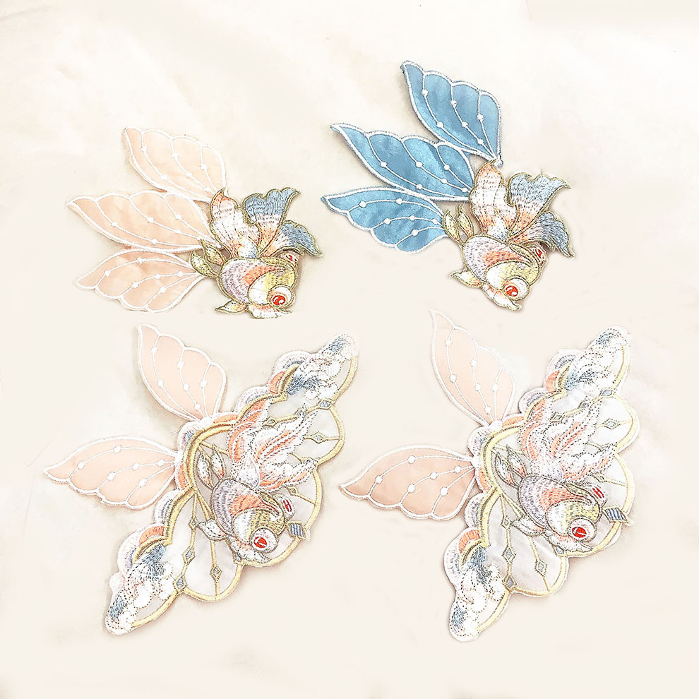 新中式面料刺绣精美绣花布贴古风金鱼汉服旗袍补风装饰家居布艺