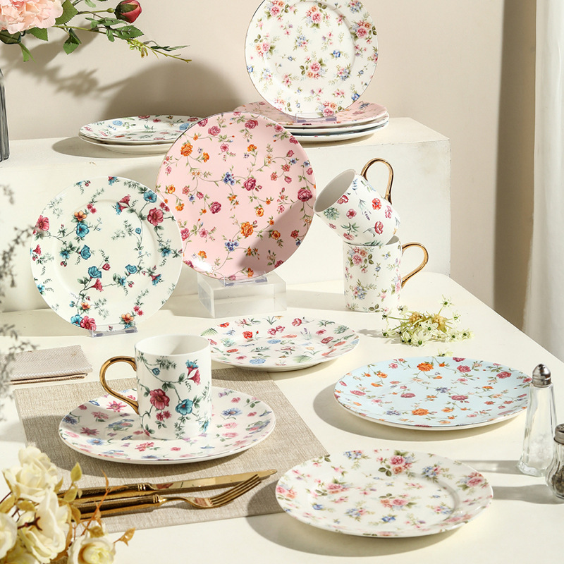 Flower Collection Series Ceramic Plate Small Floral Household Creative Dinner Plate Light Luxury High-End Dinner Plate Dessert Plate