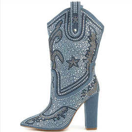 纯色烫钻尖头粗跟套筒潮流街拍潮鞋冬季靴子sexy heels外贸货源