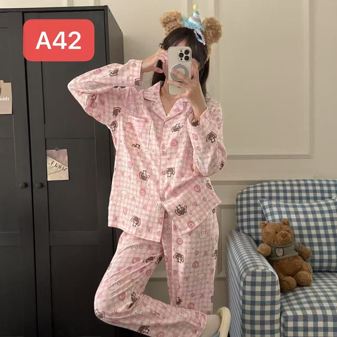 Algodón nublado al por mayor transfronterizo nuevo pijama de niña pantalones de manga larga delgados dulces dibujos animados impresión de ropa para el hogar set