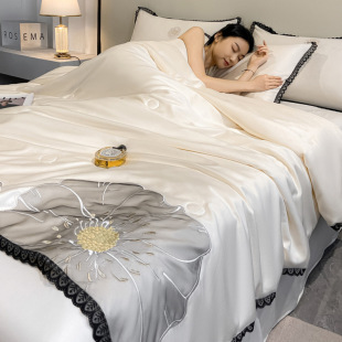 Summer New Ice Silk Bed Four-Piece Set, Summer Cool Quilt, Silk Thin Quilt, Machine Washable Air-Conditioned Quilt Three-Piece Set for Naked Sleeping